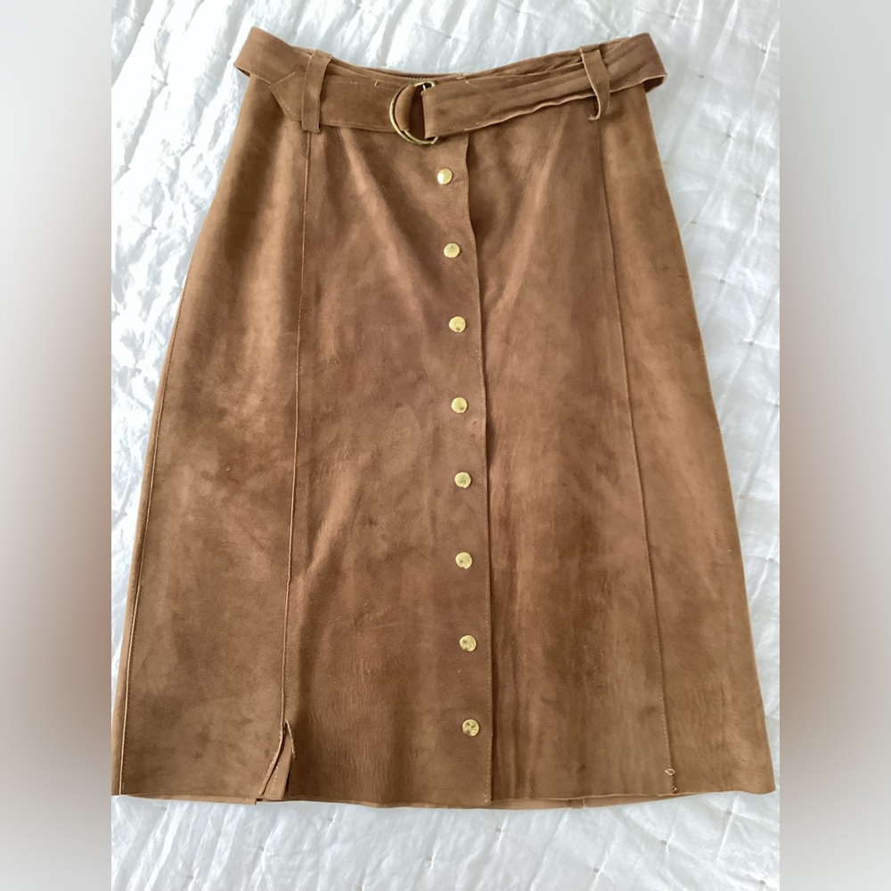 Vintage Camel Suede Midi Skirt with Gold Buttons